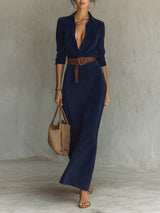 Suede Single-breasted Lapel Maxi Dress