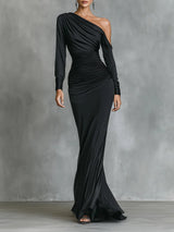Black Elegant Satin One - Shoulder Ruched Mermaid Maxi Dress