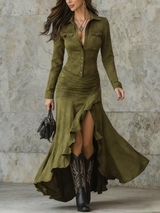 Retro Brown Irregular Ruffle Lapel Long Dress