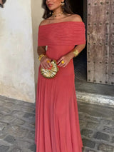 Brown One Shoulder Mesh Maxi Dress