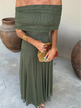 Brown One Shoulder Mesh Maxi Dress