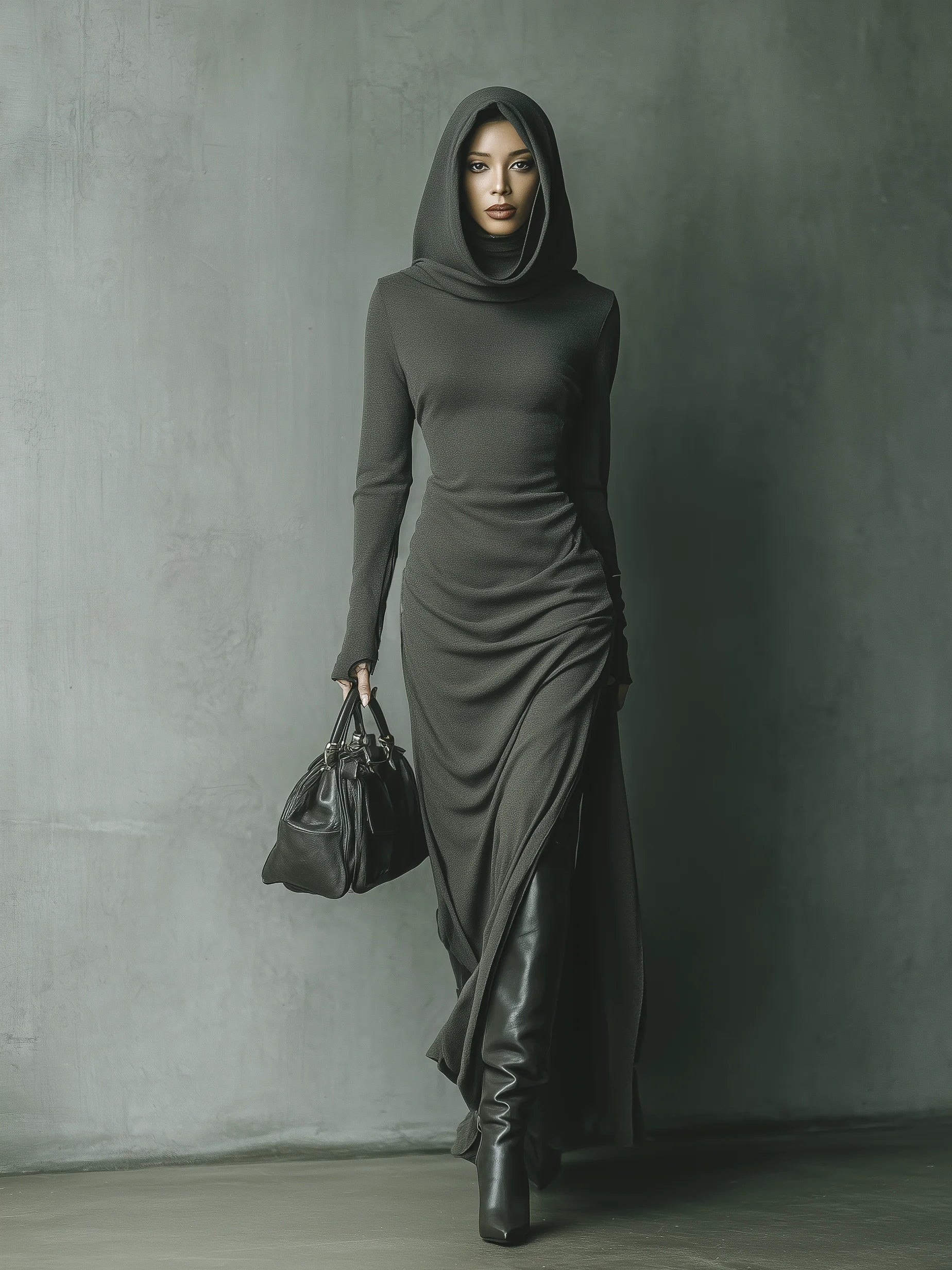 Dark Grey High Elastic Knitted Hooded Maxi Dress