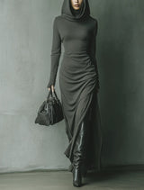 Dark Grey High Elastic Knitted Hooded Maxi Dress