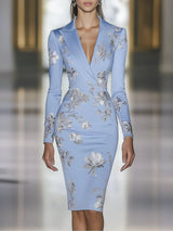 Elegant Blue Floral Print Blazer Midi Dress