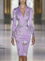 Elegant Blue Floral Print Blazer Midi Dress