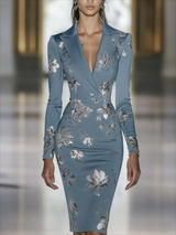 Elegant Blue Floral Print Blazer Midi Dress