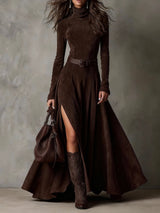 Dark Brown Faux Suede Turtleneck Long Sleeve Slit Maxi Dress（Including belt）