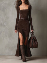Elegant Dark Brown Faux Suede Square Neck Maxi Dress（Including belt）