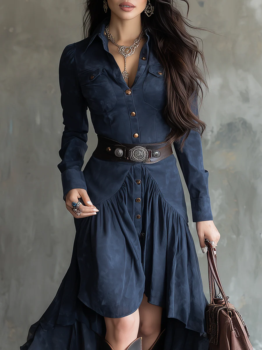 Retro Blue Lapel Button Pocket Irregular Flowy Midi Dress（With belt）