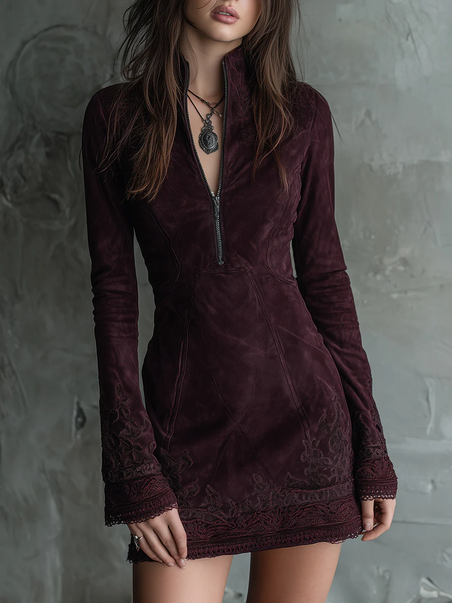 Dark Purple Vintage Faux Suede Embroidered Lace Mini Dress