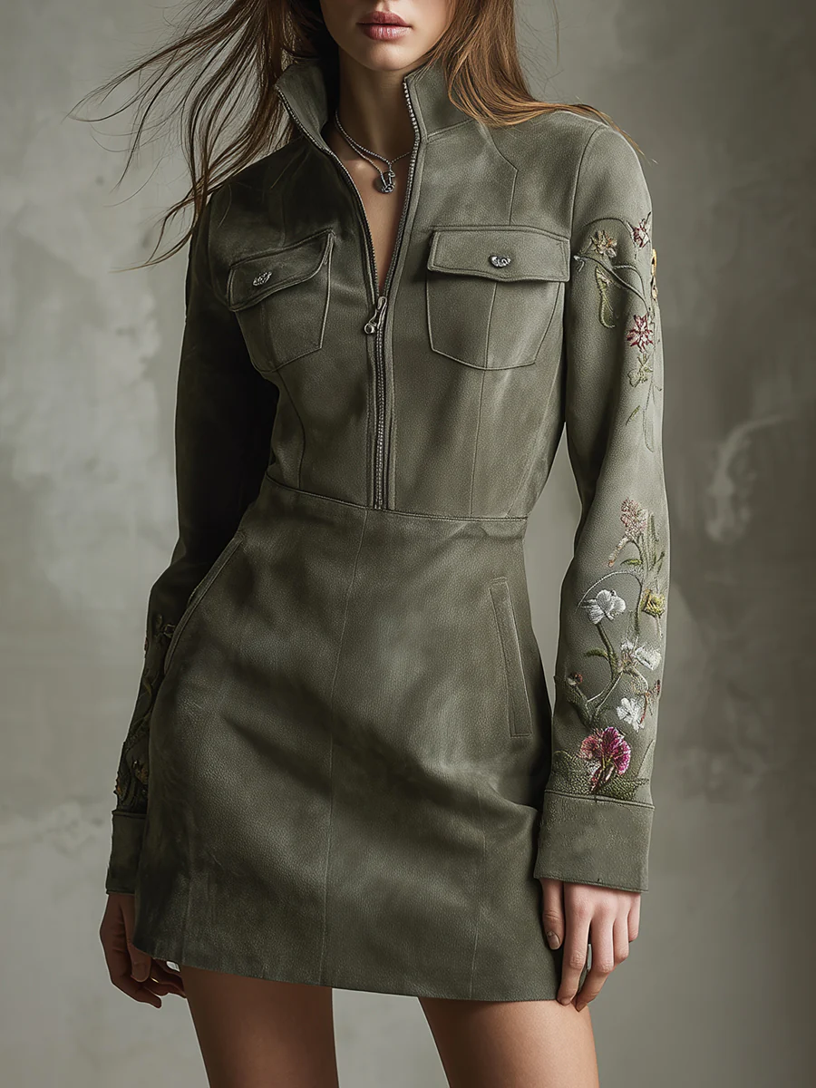 Green Embroidered Faux Suede Half-zip Mini Dress