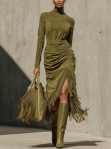 Olive Green High-neck Faux Suede Pleated Tassel Wrap Midi Dress