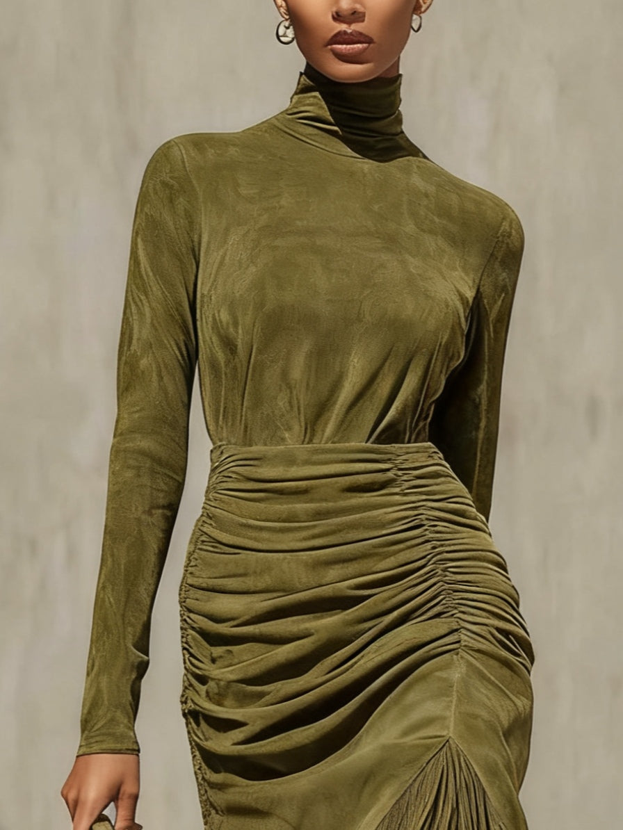 Olive Green High-neck Faux Suede Pleated Tassel Wrap Midi Dress