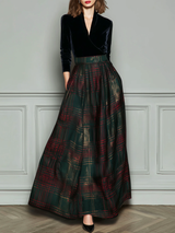 Black V-neck Velvet Green Plaid Patchwork Maxi Dress