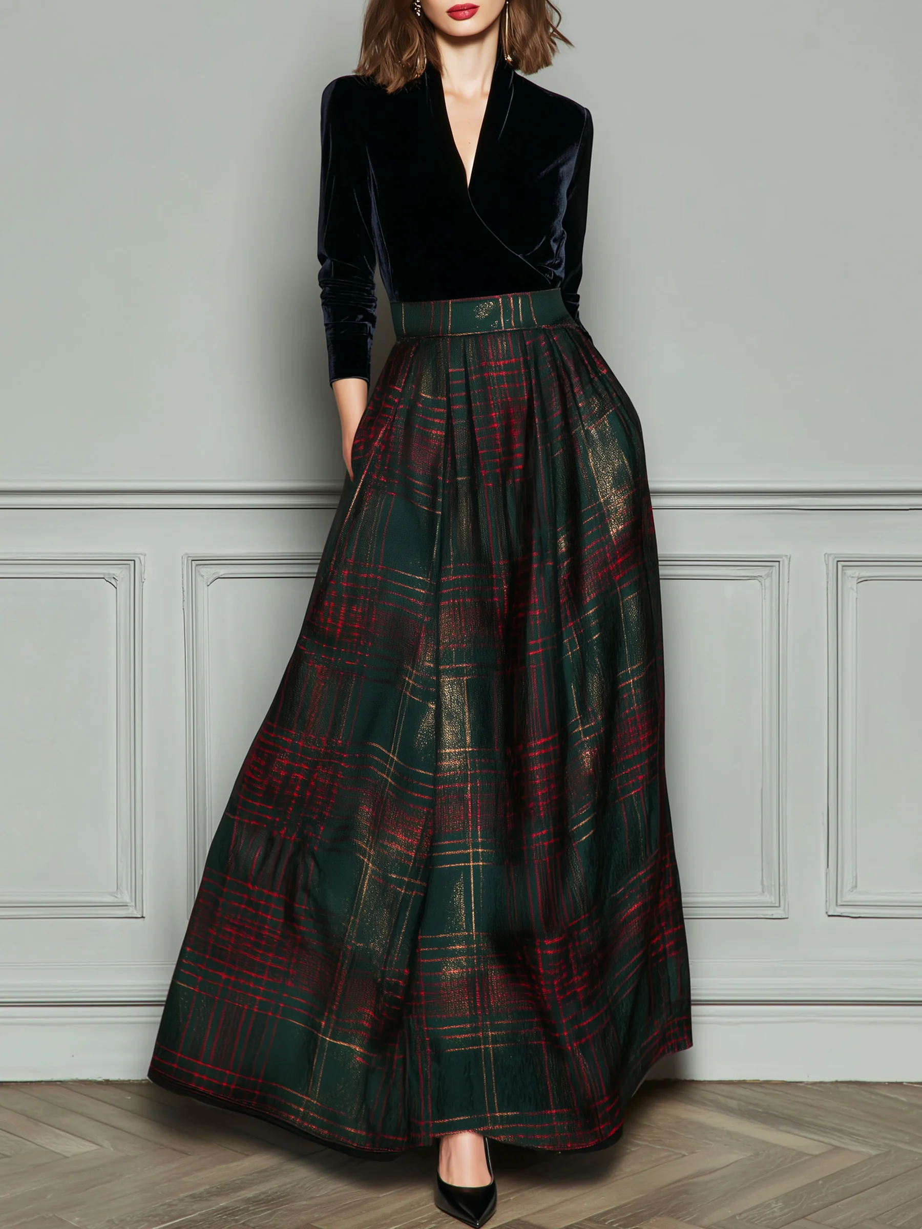 Black V-neck Velvet Green Plaid Patchwork Maxi Dress