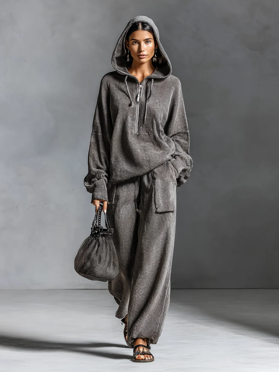 Dark Gray Casual Corduroy Hooded Sweatshirt and Straight-leg Pants Two-piece Set