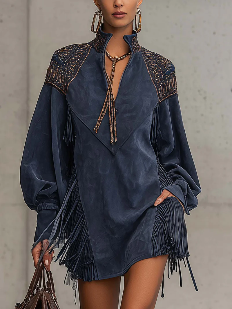 Indigo Faux Suede Embroidered Tassel Stand-up Collar Mini Dress