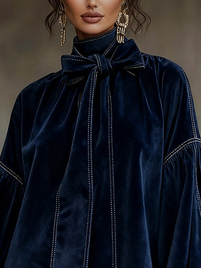 Dark Blue Velvet Bow Lantern Sleeve Mini Dress