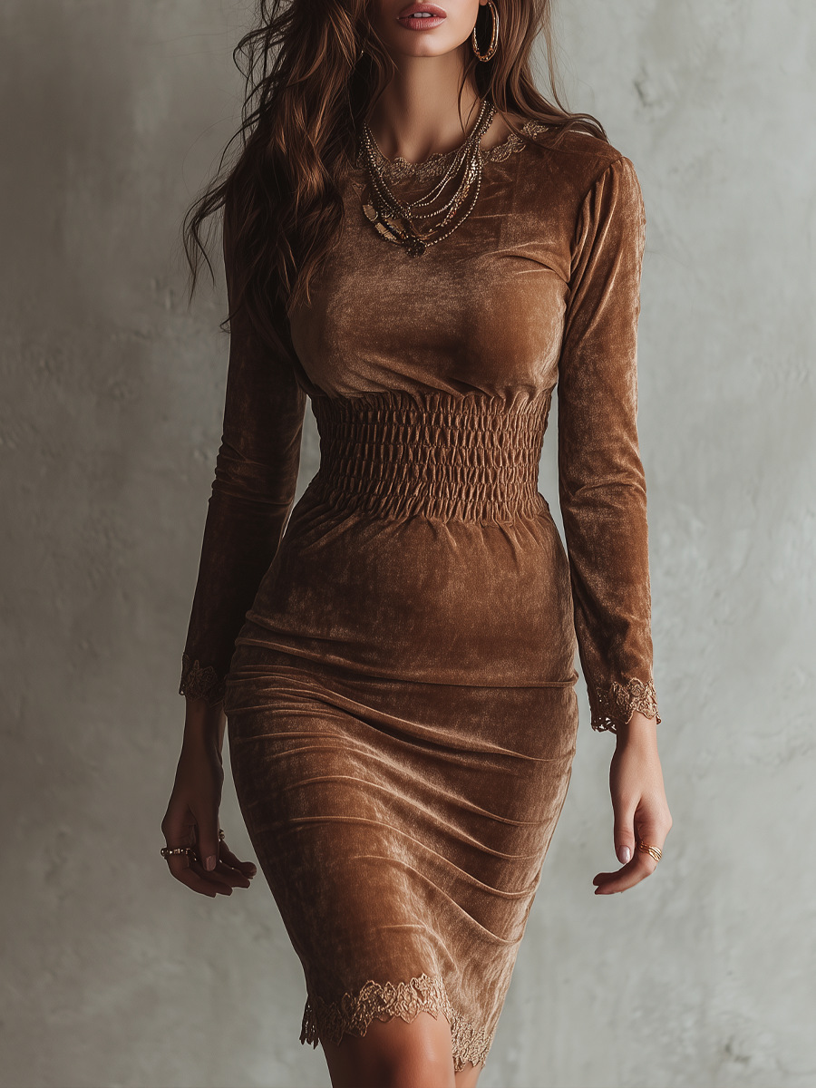 Brown Velvet Fitted Waist Lace Midi Dress