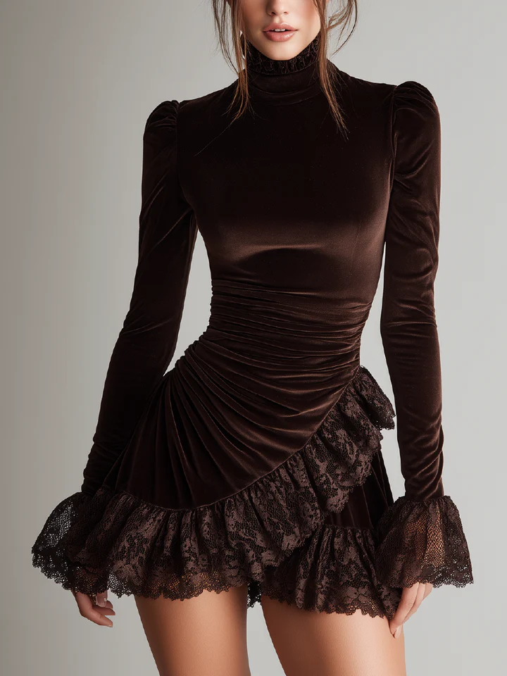 Brown Velvet Turtleneck Ruffled Lace Hem Mini Dress