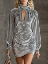 Velvet High-neck Cutout Ruched Mini Dress