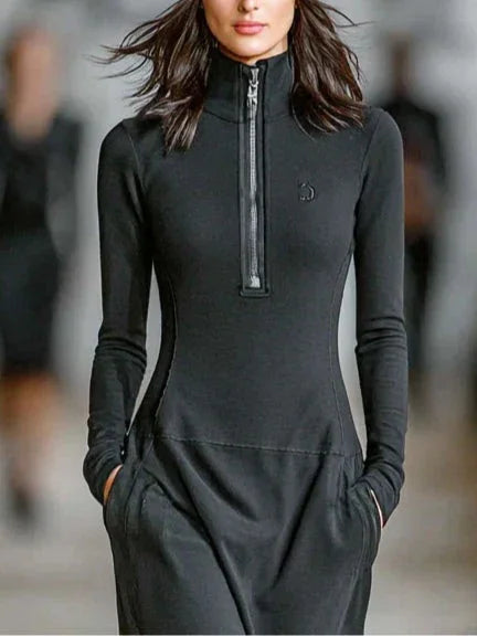 Black Turtleneck Zip-up Loose-fitting Casual Maxi Dress