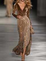 Brown Velvet Sequined V-neck Maxi Dress