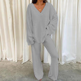 Comfortable Solid Color V-neck Daily  Two-piece Set