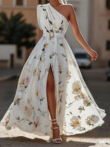 Light Green Floral Ruched One Shoulder A-Line Maxi Chiffon Dress