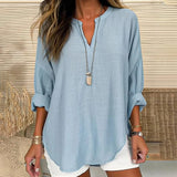Solid Color V-Neck Long Sleeved Loose Casual Blouse