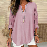 Solid Color V-Neck Long Sleeved Loose Casual Blouse