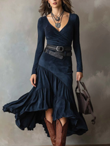 Navy Blue Crossover V-neck Faux Suede Irregular Maxi Dress(with belt)