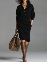 Solid color stand collar long sleeve loose knit dress