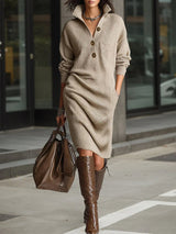 Solid color stand collar long sleeve loose knit dress