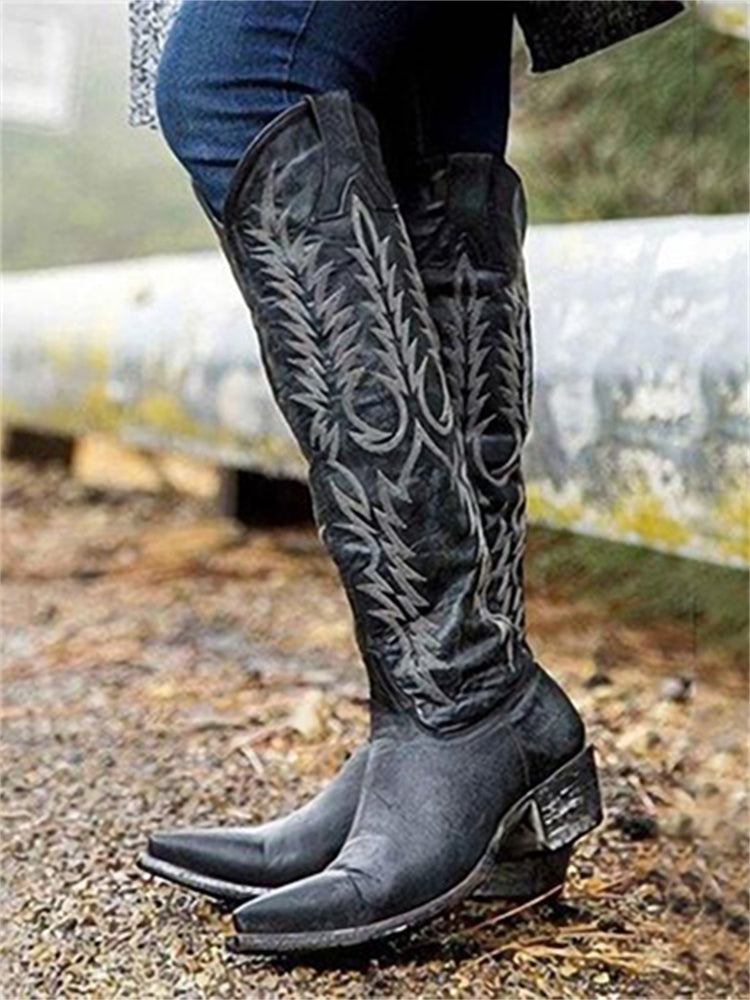 Vintage Western Cowboy Embroidered Knee-High Boots