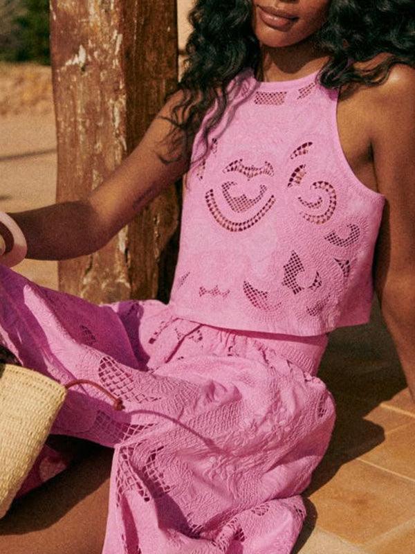 Unique sleeveless hollow lace short suit