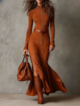 Vintage Brown Zipper Belted Maxi Dress（Includes belt）