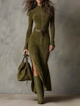 Vintage Brown Zipper Belted Maxi Dress（Includes belt）