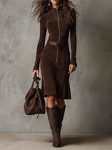 Brown Vintage Zipper Belted Midi Dress（Includes belt）