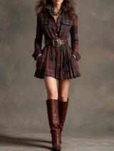 Vintage Lapel Red and Brown Plaid Mini Dress（Includes belt）
