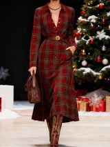 Christmas red plaid collar button-down shirt dress（Includes belt）