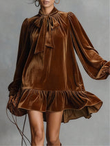 Brown Loose-fitting Velvet Mini Dress With Bow Tie Neckline