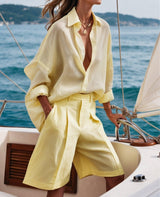 Long-sleeved Shirt Wide-leg Shorts Cotton and Linen Suit